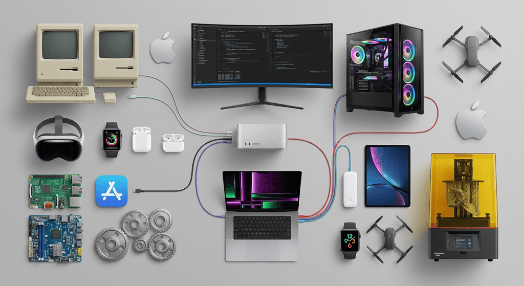 Collage of vintage Macintosh with 'HELLO WORLD', modern laptop, gaming PC, and 3D printer.  Overlay that says, "Learn Share, and Connect with your Pebble Creek Neighbors"